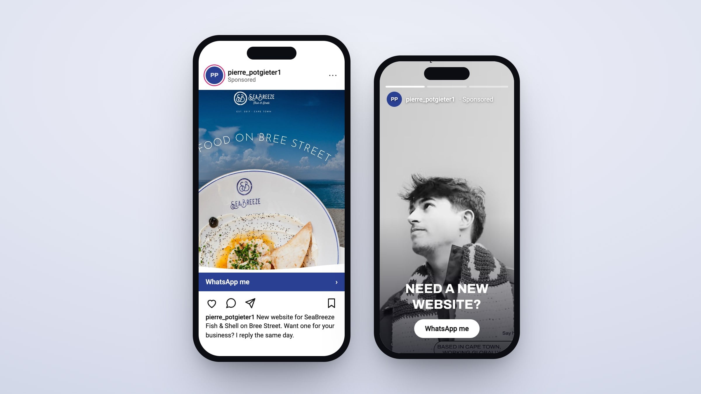 Two phones showing a sponsored social post and a story ad for Pierre Potgieter's web design.